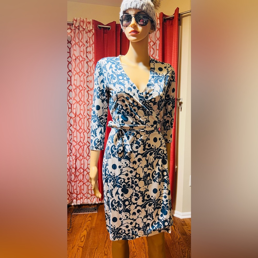 Old Navy wrap dress. L-37”, V-neck printed blue/white 3/4 sleeves.